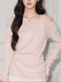 Pink Collar Folded Long-Sleeved T-Shirt Girl 2025 New Pure-Willed Temperament Top