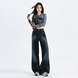 Early Autumn Retro Dark Broad-Legged Straight Jeans Women 2025 New Lazy Loose Drag Trousers