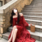 Super Beautiful Holiday Wind Red Broken Flower Bra Shoulder Dress To Collect Waist White Dress 2026