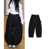 Street Retro Love Pocket Water Wash Cues Loose Broad-Legged Jeans Languid Casual Trousers 2 Colors