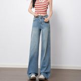 Blue High-Rise Elastic Straight Jeans Women 2026 Spring New Non-Legged Slim Texture Wide Leg Pants