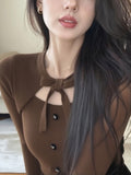 Vintage Gray Bow Tie With Knitted Bottom Shirt Female Design Feeling Autumn And Winter Hottie Hollow Long Sleeve Top