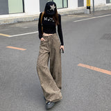 Love Embroidery Repair Ancient Low Saturated Leopard-Print High-Legged Loose Jeans Trousers & Long Spandex