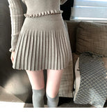Grey Breeze Peter Pan Collared Bow Knitted Top 100-Fold Skirt Suit