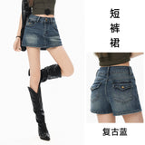 Vintage Blue A-Word Denim Skirt Girl Summer New Hot Babes Bag Hips Two Short Skirt Pants