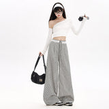 Lace Spliced Striped Straight Sleet Sleet Trousers Women's Autumn New Loose Display Thin Broad Leg Trousers Regular