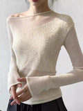 Design Sense Of White Mesh Splicing Knitted Shirt T-Shirt New Irregularly Permeable Slanted Shoulder Coat
