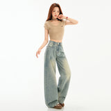 High Street Retro Broad-Legged Trousers Babes Loose Hanging Feeling Worn Mop Cowgirl Trousers Lengthy Denim Cotton