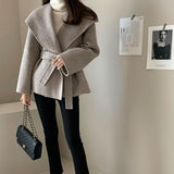 Korean Chic Autumn And Winter Retro Temperament Simple High-End Feeling Big Collar Strapped Haired Coat 2 Colors