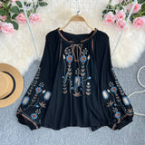 Spring And Autumn Retro Loose National Style Embroidery Thin Lantern Sleeve Doll Top Female Round Collar Collar Collar Shirt