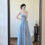 French Blue Tie Sling Dress Women's Summer Seaside Holiday Temperament High-End Feeling Waist Show Thin Pggy Long Skirt