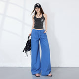 Bright-Colored Summer Oxygen-Sensitive Sleeves With Loose Straight-Tight Tug-And-Blow Trousers Blue Paratroopers Simulation Silk Tugging