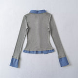College Wind Fake Two Long-Sleeved Knitted Shirt Women's Shirt Collar Thin Short Sweater Korean Cardigan New