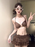 2026 New Sweet Cool Hottie Big Neckt Open Shoulder Long Sleeve Top Sunscreen Cake Skirt Three-Piece Set Of Swimsuit Women