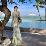 2026 High-End Design Beautiful Sling Dress Women's Summer Mesh Printing Temperament Lanky Seaside Vacation