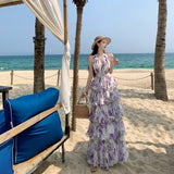 2026 High-End French Holiday Style White Violet Verb Flower Hanging Neck Chiffon Cake Dress Femininity Dress Super Fairy