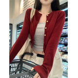 Red Cardigan Women's Autumn Knitwear Jacket Small Slim Thin Black Sweater Outside A Short Top