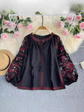 Vintage Lantern Long-Sleeved Round-Neck Embroidered Shirt Ethnic Wind Embroidery Escheasus Loose With Cotton Doll Shirt Top