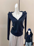 Autumn High-End Sense Simple Waist Thin Coat Female Casual Tibetan Blue V-Neck Zip Hooded Jacket Woman