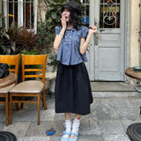 Vintage Sweet Double Buckle Lattice Bubble Sleeve Loose Shirt Korean Girl Good Temperament Doll Shirt Top