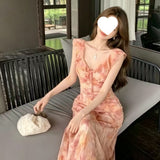 2026 New High-Waisted Small Skirt Tea Break French Pink Lotus Flakes V-Neck Sleeveless Dress Woman