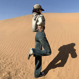 Cement Gray Narrow Version Of Broad-Legged Jeans Women Retro Winter Nostalgic Little Straight Pants