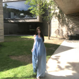 Island Holiday Wear Design Atmosphere With Blue Flowers Hanging Back Folds High-End Dress