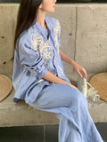 Linen Platt Embroidered Retro Blue And White Shirt / High-Waisted Straight-Legged Trousers Girl Summer Old Money Set Women's Clothing
