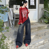 25Th Ootd!| Vintage Blue Jeans Autumn And Winter New High-Waisted Straight Loose Water Wash Broad Leg Pants