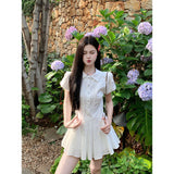 (Real Price) College Style White Short-Sleeved Shirt Dress Summer A Dress Small 100-Fold Short Skirt