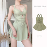Milk Yellow Kinky Dress-Style Swimsuit Women V Collar Hollow Meat Cover Thin Hot Springs Swimsuit