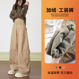 7744 Autumn And Winter Plus Velvet Vintage Hottie Scissors Trousers Set Thin Multi-Pocket Broad-Legged Workwear Casual Pants