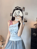 5118 # Summer New Sweet And Spicy Kitty Cat Lattice Spliced Oblique Shoulder Vest T-Shirt Female Side Strap Chest Cushion