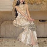 New Chinese Heavy Industry Lace Embroidery Sloping Sloping Vest + Fishtail Skirt Embroidery National Style Suit
