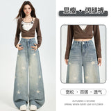 2025 Autumn Retro Star Print Wide-Legged Jeans Women Loose Straight Barrel Thin Design Trousers