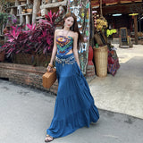 Xishuangbanna Tourism Holiday Style Wearing Suit Female Bohemian Print Blouse Blue Half-Body Dress