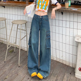 Vintage Blue Water Wash Trousers Jeans Women's New Retro High-Waist Straight Broad Leg Pants