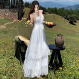 2025 Tour Bohemian Holiday White Lace Splicing Bare Back Dress Holiday Dress