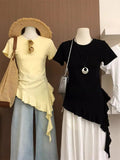 Casual Lazy Wind In Short-Sleeved T-Shirt Women's Summer New Shoulder Shirt Cover Body Slimy Yellow Top