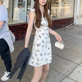 Romantic Lace Small Flying Sleeve Tie With Obliquely Cut Floral Skirt Slings Crissed Flowers Waist Dress