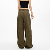 Army Green Broad-Legged Jeans Women's Loose Summer Retro Splicing Design Old Dad Drag Trousers