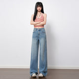 Blue High-Rise Elastic Straight Jeans Women 2026 Spring New Non-Legged Slim Texture Wide Leg Pants