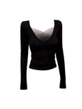 Autumn And Winter New Niche Design Han Spice Girls V-Neck Mesh Splicing Long-Sleeved Top Women To Collect Waist Thin Bottom T-Shirt