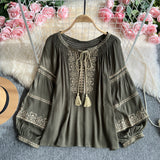 Ocean Gas Age-Reduced Retro Heavy Industry Embroidered Round Tie With Lantern Sleeve Shirt Women Loose Leisure Holiday Top