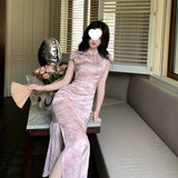 Breln Powder Bamboo Dream National Style New Chinese Style Improved Short-Sleeved Cheongsam Temperament Gentle Powder Dress