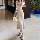 Cashmere Wool Blending U Collar Elegant Pure Knitted Long-Sleeved Skirt