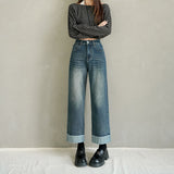 Autumn High-Waisted Ripping Elastic Straight Jeans Women's Large-Size Slim Slim-Skin-Nine Trousers Small