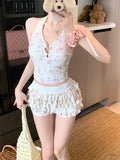2026 New Sweet Flower Pure Lust Wind Split Swimsuit Women Bikini Flat-Angled Trousers Conservative Hanging Neck Cover Meat Thin
