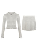 Grey Breeze Peter Pan Collared Bow Knitted Top 100-Fold Skirt Suit