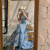 2025 Blue Butterfly Sling Skirt Women's Summer Design Dress Net Yarn Feeling Waist Fishtail Skirt Dress